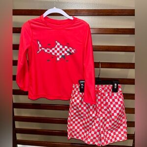 GAP 4T Long-sleeved Shark Graphic Rash Guard and Red/Grey Checkered Swimshorts